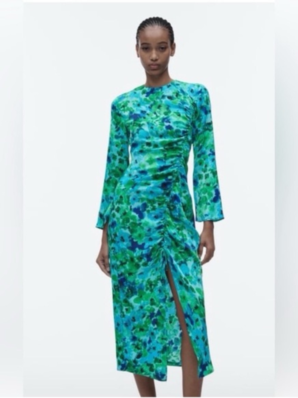 Zara Floral High Neck Long Sleeve Midi Dress Women Small Blue Green Ruched NWOT